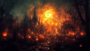 Spooky Halloween Castle with Pumpkins 4K Desktop Wallpaper Free