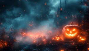 Spooky Halloween Castle with Pumpkins 4K Desktop Wallpaper