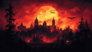 Halloween Horror Night Bats Over Castle Orange Moon Mobile Wallpaper
