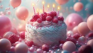 Raspberry Birthday Cake 4K Desktop Background Balloons Celebration Wallpaper