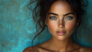 Freckled Woman with Blue Eyes Mobile Wallpaper Background Portrait