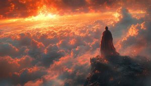 Epic Cloudscape 4K Wallpaper: Man Overlooking Fiery Orange Sky