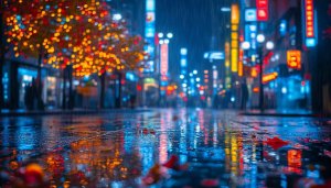 Rainy City Street Night Wallpaper, Neon Lights Mobile Background