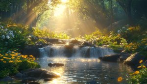 Sunlit Waterfall Forest Scenery 4K Desktop Background Mobile Wallpaper