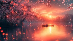 Cherry Blossom Sunset Lake, Boat Ride Aesthetic Mobile Wallpaper