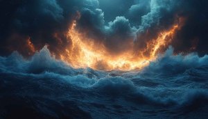 Dramatic Ocean Waves with Fiery Sky 4K Desktop Background