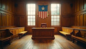 Courtroom Interior Design Wallpaper: Wooden Paneling, Patriotic Banner, Legal Setting