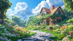 Fairytale Cottagecore Wallpaper, 4K Desktop Background, Floral Garden Scenery