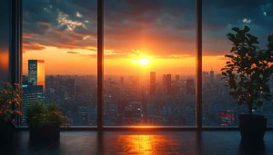 Sunset Cityscape Window View 4K Desktop Mobile Wallpaper