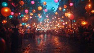 Street Party Balloons Lights 4K Desktop Wallpaper Festive Celebration