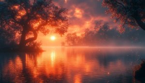 Fiery Sunset Lake Scenery - Free Mobile Background Wallpaper