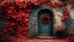 Arched Door with Red Leaves Mobile Background Free Wallpaper