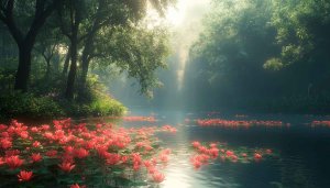 Mystical Lily Pond Wallpaper, 4K Desktop Background, Forest Lake Scene