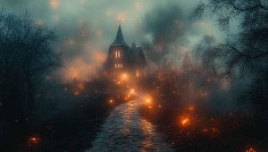 Spooky Church Landscape Mobile Wallpaper, Fantasy Halloween Background 4K