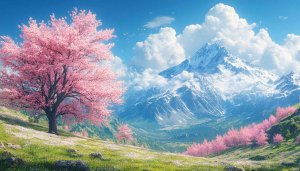Blooming Cherry Trees Spring Mountain Scenery 4K Desktop Wallpaper