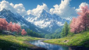 Snowy Mountain River with Pink Cherry Blossoms 4K Desktop Wallpaper
