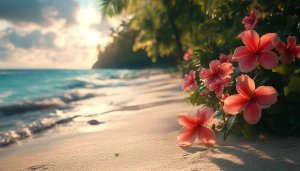 Tropical Beach Hibiscus Flowers 4K Desktop Background Mobile Wallpaper