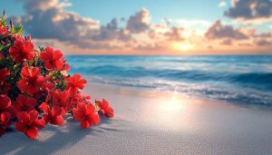 Red Flowers Beach Sunset Mobile Wallpaper, Tropical Island Background, 4K
