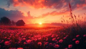 Red Flower Field Sunset Scenery 4K Desktop Background Wallpaper