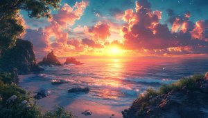 Beautiful Ocean Sunset Painting Wallpaper for Desktop and Mobile Phones