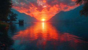 Fiery Lake Sunset Wallpaper: Free 4K Desktop & Mobile Background