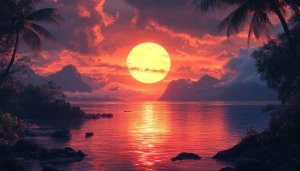 Tropical Island Sunset 4K Desktop Background, Dramatic Sky Wallpaper