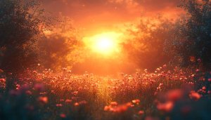 Warm Sunset Flower Field Landscape 4K Desktop Background Wallpaper