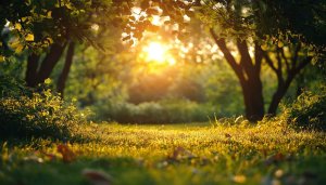 Golden Hour Sunlight Streaming Through Forest Landscape Desktop Wallpaper Free