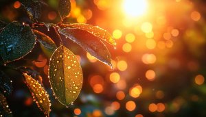 Golden Hour Leaves with Dew Drops: Free 4K Desktop Wallpaper