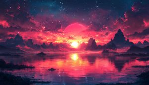 Red Moon Lake 4K Desktop Background - Fantasy Landscape Wallpaper