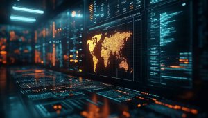 Futuristic World Map Data Visualization 4K Desktop Wallpaper