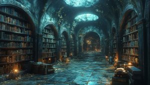 Dark Library Bookshelves 4K Desktop Background Fantasy Interior Wallpaper
