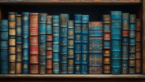 Antique Bookshelf Wallpaper, Blue and Gold Books, Reading Nook Background