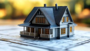 Architectural Model House on Blueprint Plans 4K Desktop Background