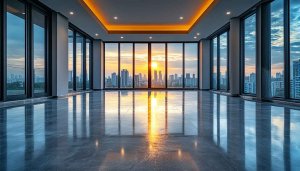 Modern Cityscape View From Empty Apartment 4K Desktop Wallpaper