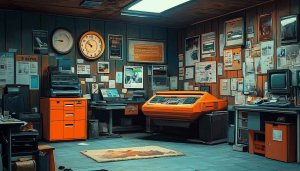 Retro Tech Studio Wallpaper, Vintage Computer Room Background for Desktop