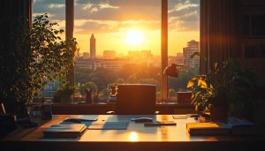 Cozy Office at Sunset Free Desktop Wallpaper 4K Background