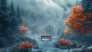 Autumn Foggy Forest with Bench 4K Desktop Wallpaper Free