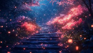 Magical Forest Path 4K Desktop Background, Glowing Flowers Wallpaper
