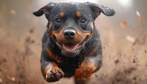 Happy Rottweiler Puppy 4K Desktop Background, Playful Dog Mobile Wallpaper