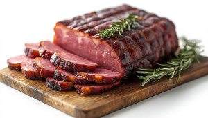 Delicious Sliced Ham Meat, Gourmet Food Plating, Wooden Board Art