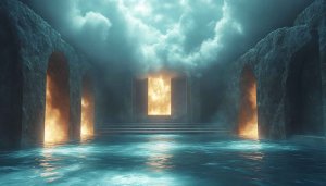 Mystical Cave Arches Portal 4K Desktop Wallpaper, Ocean Fire Background