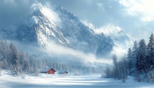 Winter Wonderland Cabin Snow Mountain 4K Desktop Wallpaper Background