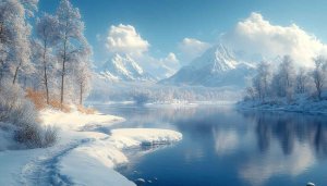 Winter Wonderland Lake Scene 4K Desktop Background Wallpaper Free
