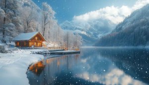 Snowy Cabin Lakeside Winter Scenery 4K Desktop Wallpaper Free