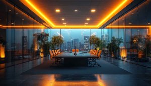 Modern Office Conference Room City View 4K Desktop Wallpaper