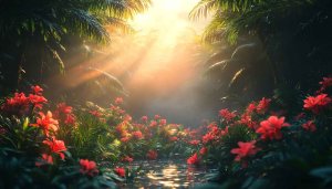 Tropical Rainforest Glowing Sun Rays 4K Desktop Mobile Wallpaper