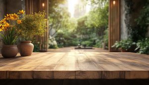 Cozy Garden View on Wooden Table 4K Desktop Wallpaper
