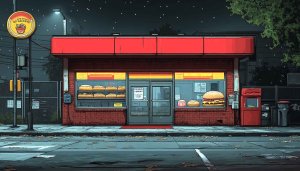 Cartoon Fast Food Joint Wallpaper 4K Desktop Background Urban Scene