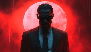 Man in Suit with Red Moon 4K Desktop Wallpaper